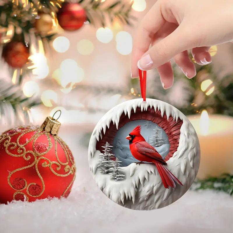 Red Bird Car Charm Wooden Red Birds For Christmas Tree Decorations 2D Red Bird Wooden Ornament For Christmas Tree Winter Holiday