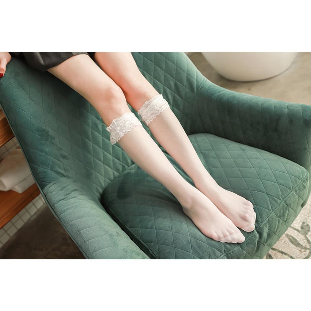 Summer New Product Thin Transparent Medium Tube Lace Calf Socks Jk Black and White Stockings Women