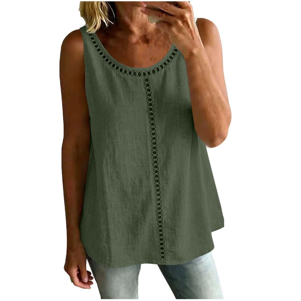 Women Sleeveless Hollow Out Tank Top Loose Fit Casual Solid Color Blouse Summer Lightweight Breathable Tunic Shirt