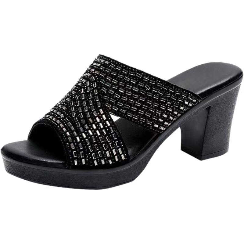 Women High Heel Rhinestone Peep Toe Slippers Summer New Fashionable Thick Sole Block Heel Outdoor Modern Slippers Sandals 35 чёрный
