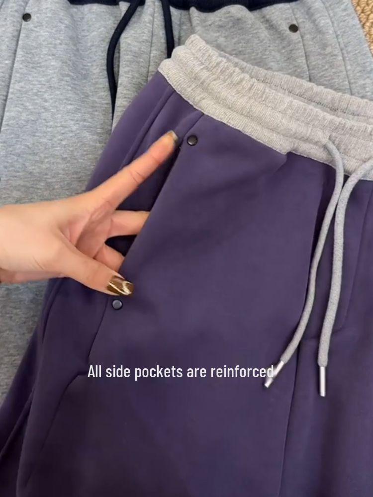Women's Plus Size Purple Velvet Cuffed Sweatpants - Autumn/Winter Slimming Straight Leg