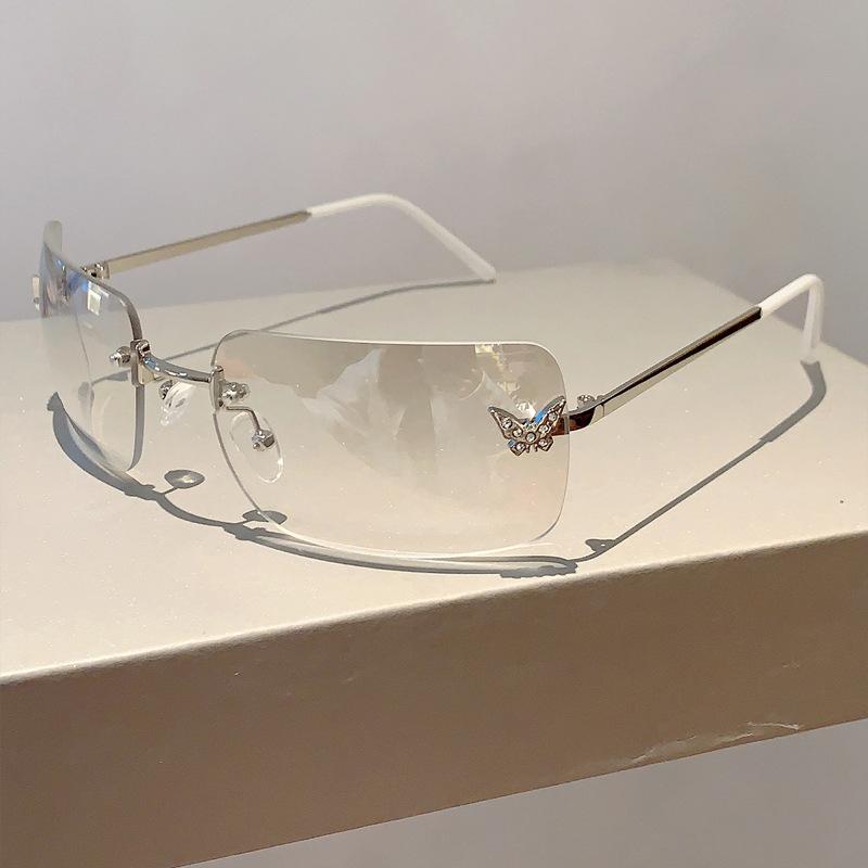 Luxury Brand Designer Rimless Square Sunglasses Women For Female Trendy Sun Glasses Diamond Butterfly Pink Punk Shades Uv400