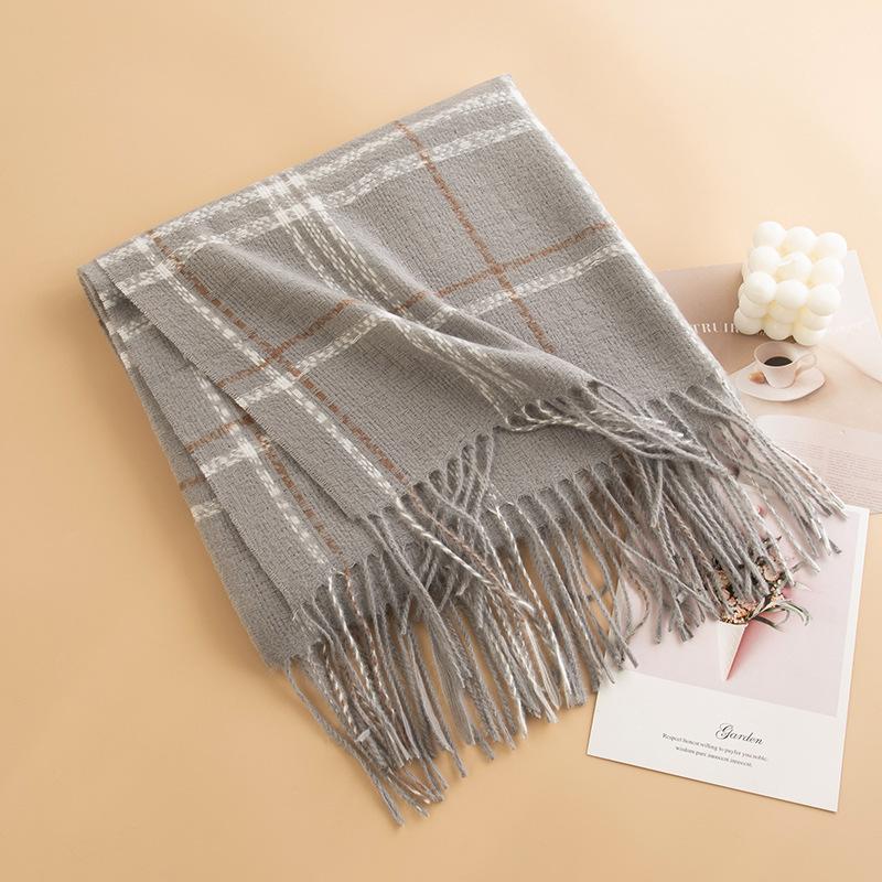 Korean Lady's Sweet Plaid Imitation Cashmere Tassel Scarf for Girls High End Winter Versatile Thickened Scarf