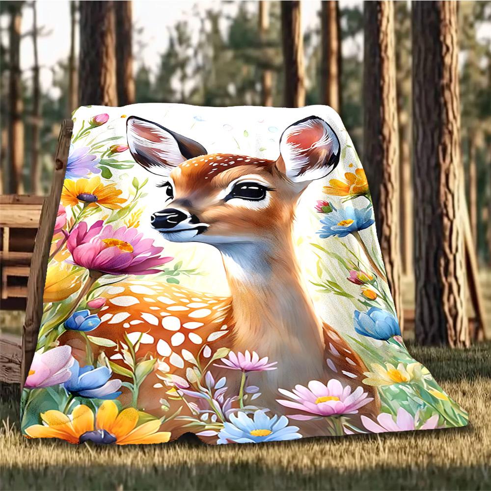 1pc Deer Floral Print Throw Blanket Polyester Fiber, Lightweight Flannel, Soft & Warm, All Season Use for Outdoor, Camping Digital Print