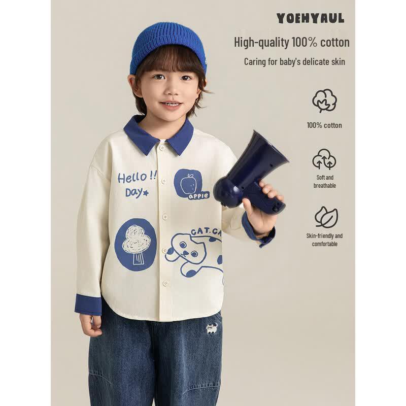 Boy's Soft Breathable Cartoon Color-Block Long Sleeve Shirt