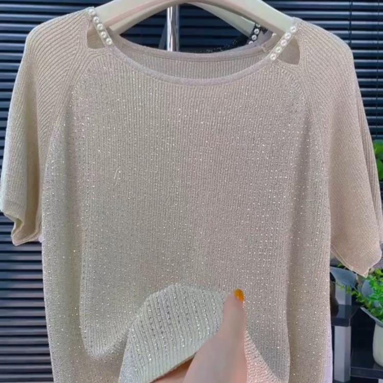 2025 Sommer Stricktop mit Strasssteinen: Vielseitiges Mode-T-Shirt mit kurzen Ärmeln für Damen
