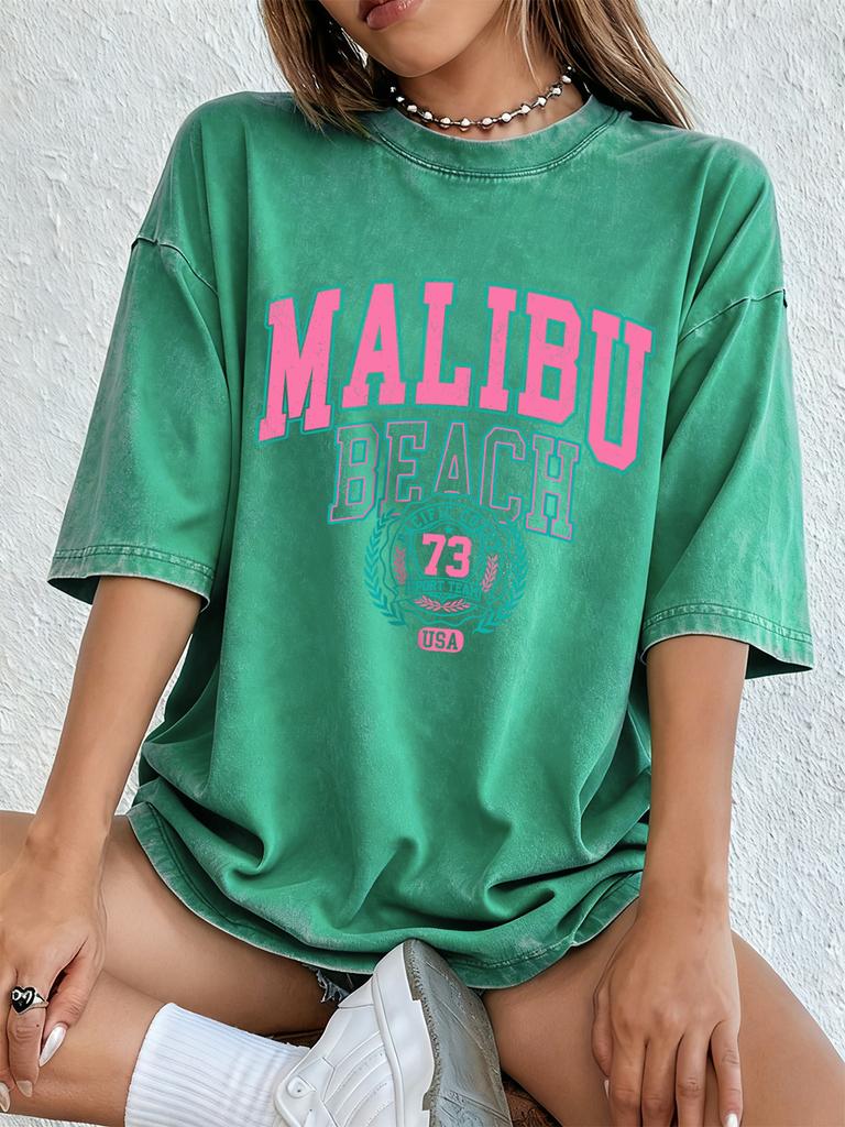 Malibu Beach Druck gewaschene T-Shirts Damen Baumwolle Kurzarm Tops Street Rundhals Oversized T-Shirts Hip Hop Trend Kleidung