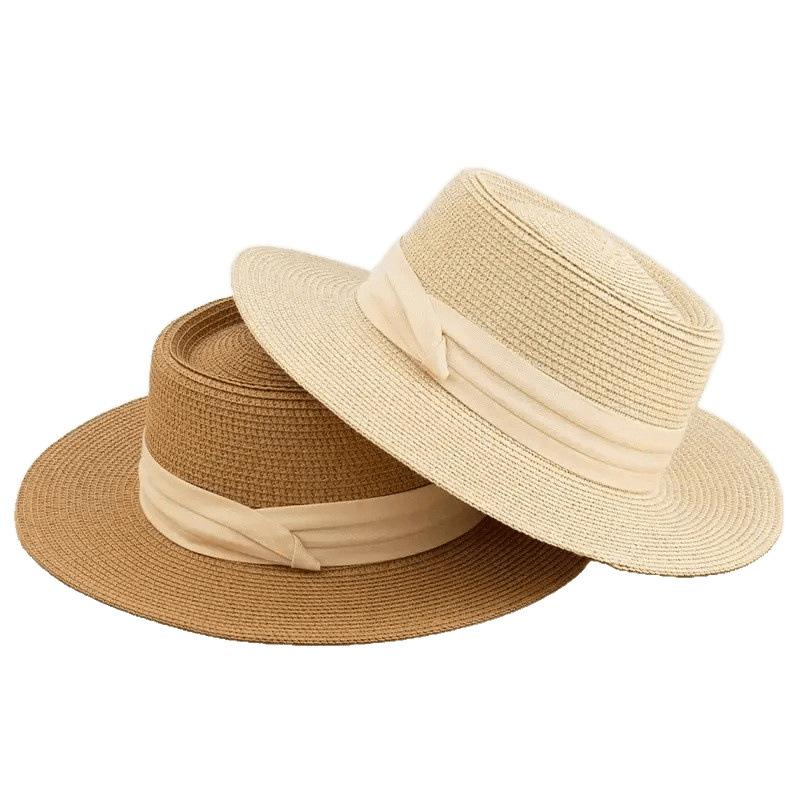 Women Summer Straw Hat Travel Beach Panama Sun Hats For Female Solid Color Ribbon Wide Brim Sunscreen Cap