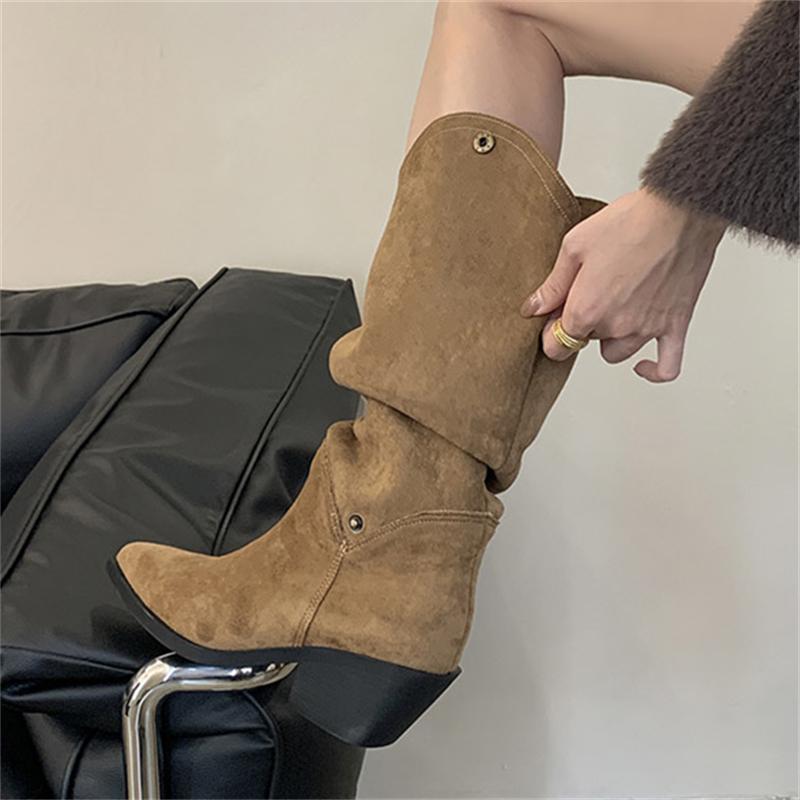 Eilyken Winter Designer Pointed Toe Women Knee High Boots Fashion Square Heels Buckle Fold Short Shoes Botas