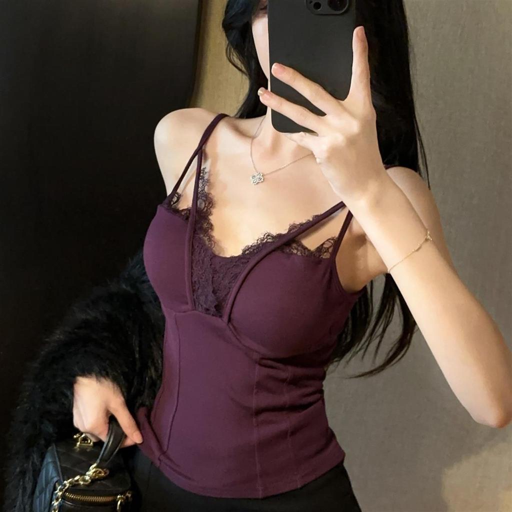 Hollow Lace Fashionable Camisole Vest with High-end Feel Slim Fit and Slimming with Chest Cushion As The Base Top
