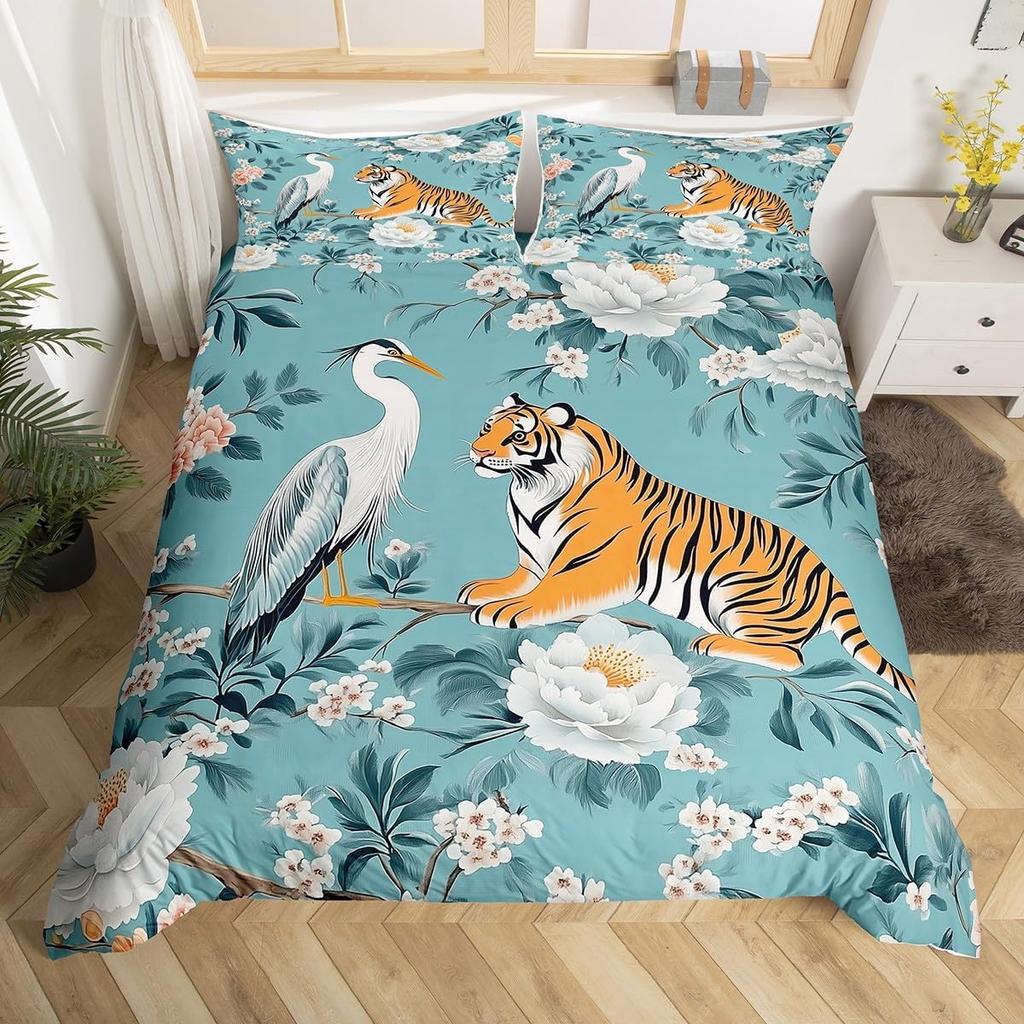 Crane Duvet Cover Twin King Traditional Chinese Style Painting Quilt Cover Chrysanthemum Flower Floral Bedding Set For Dorm Room