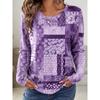 Women's Long Sleeve Crew Neck Patchwork Geometric Print Casual T-Shirt, Regular Tops for Spring Summer Daily Weekend Wear