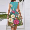 Women's Spring Summer Casual V Neck Sleeveless Waist Floral Print Midi Dress