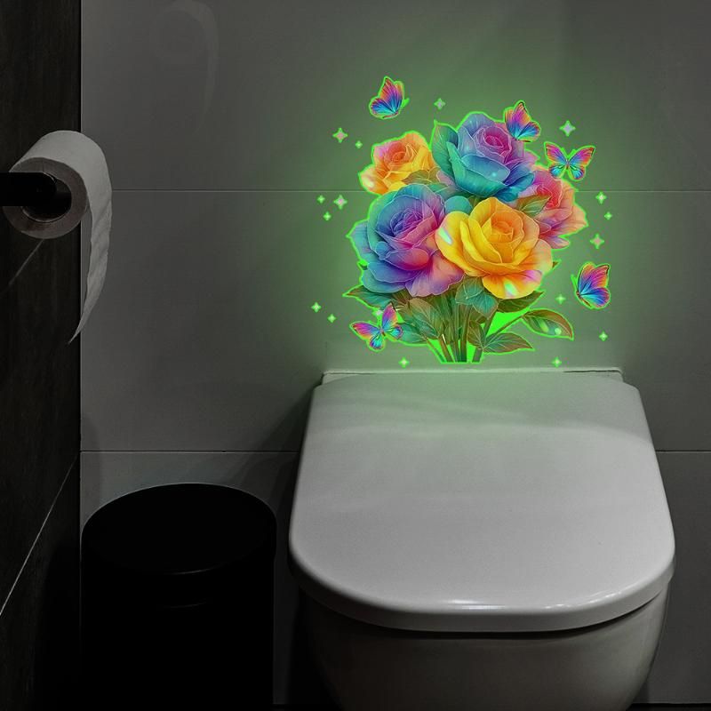 Ljusblommig Toalettklistermärke Nattlampa Blommig Väggdekal Badrum Sovrumsklistermärke Självhäftande PVC Vattentät Heminredning