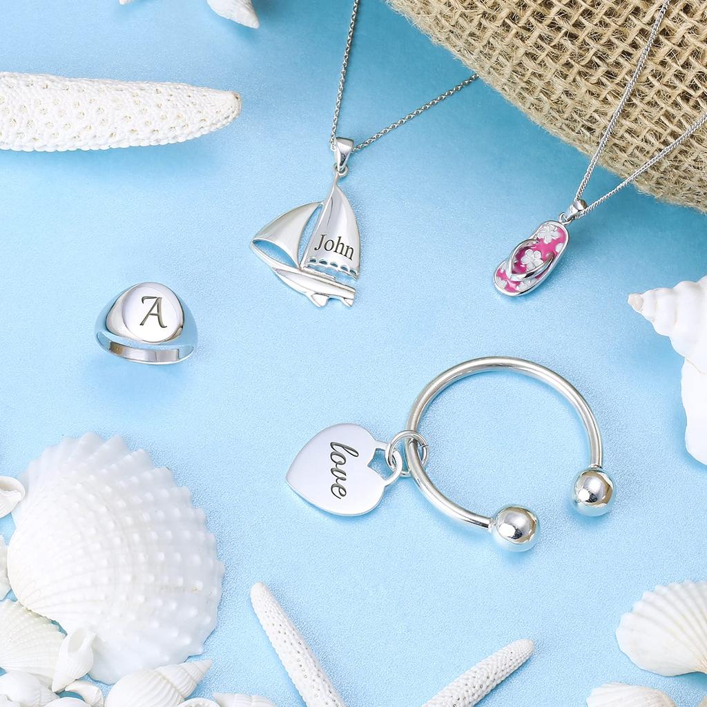 Herzanhänger ID Schlüsselanhänger Kugelschraube Spitze Hufeisen Schlüsselanhänger Abschluss Sterling Silber Custom Engr Damen .925