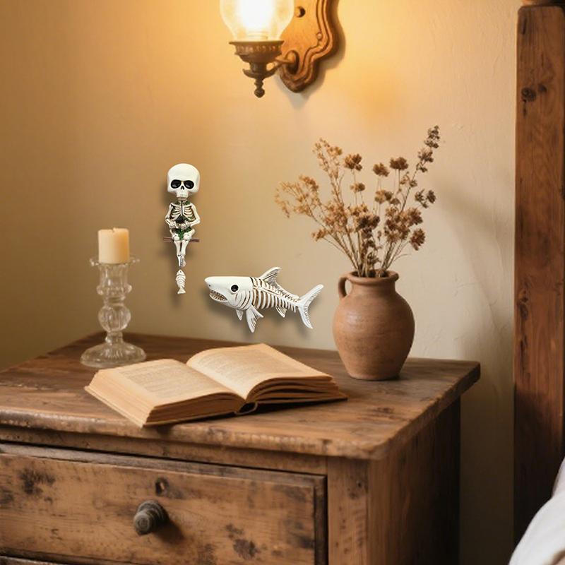 

3D Наклейка на стену, Ужасная статуэтка черепа из смолы, Мини-статуэтки скелетов рыбаков, Декор для угла двери, Готическая настенная скульптура