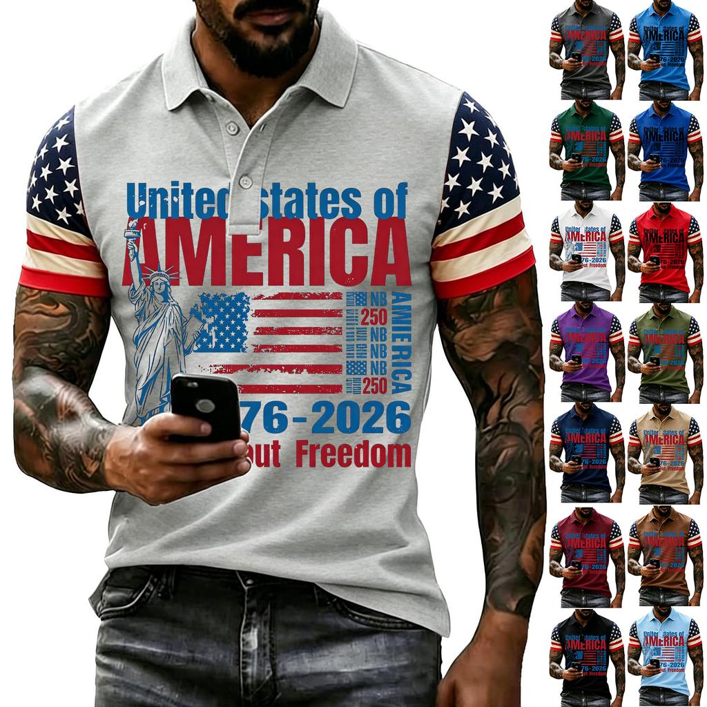 Men's Casual Short Sleeve Polo Shirt with Graphic Print and American Flag Pattern Sleeves Button Down Collar Athletic Fit