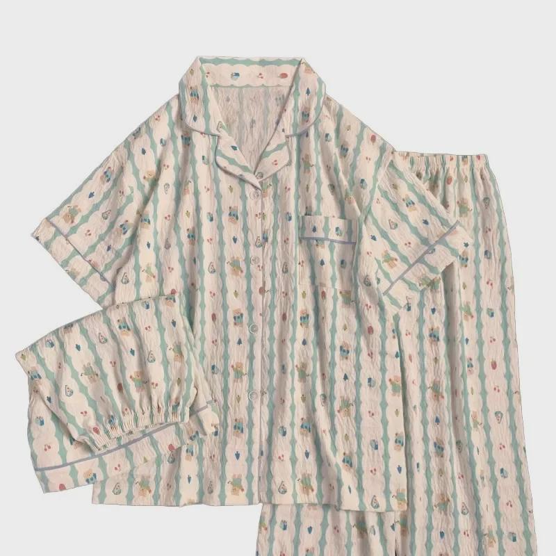 Blue Bear Women's Summer Cotton Pajama Set - Short-Sleeved, Cute Cartoon Design, Three-Piece Loungewear.