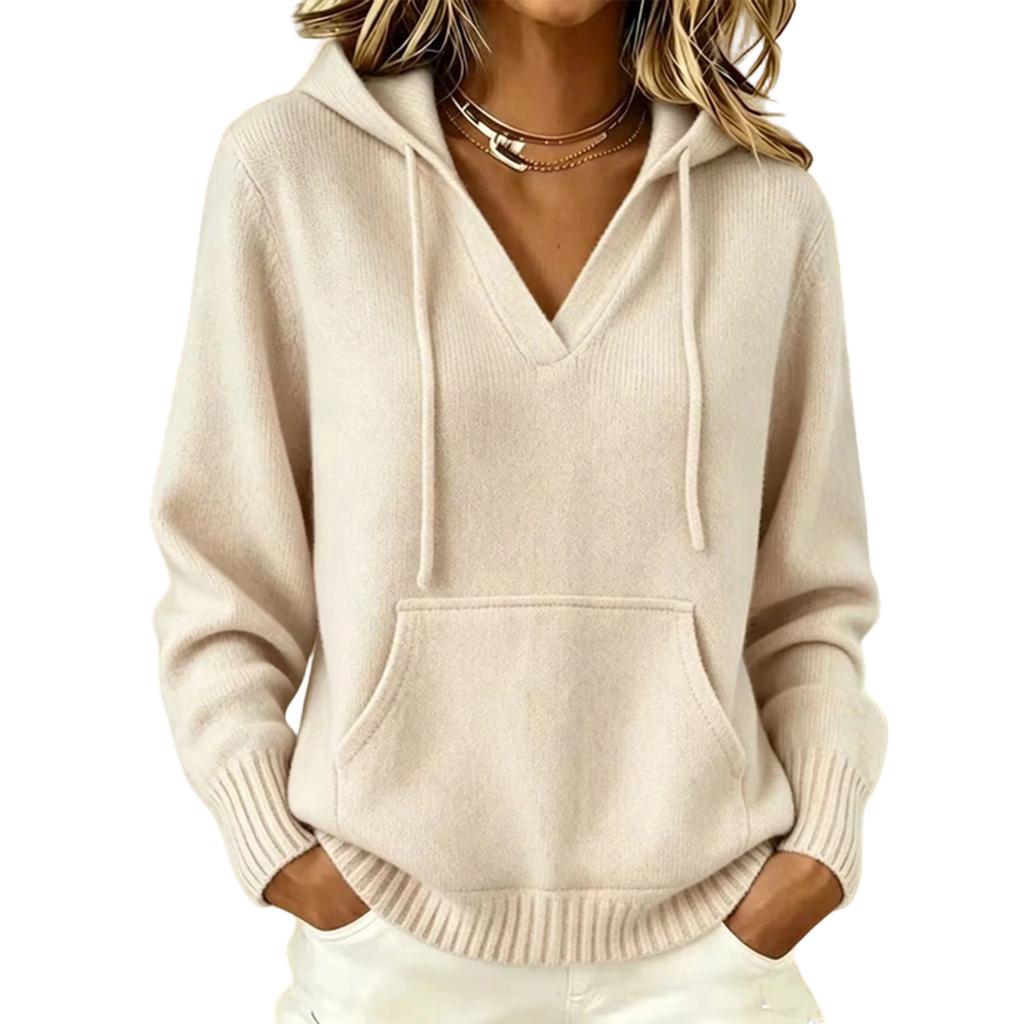 Women's Casual Color V-Neck Long Sleeve Hooded Top