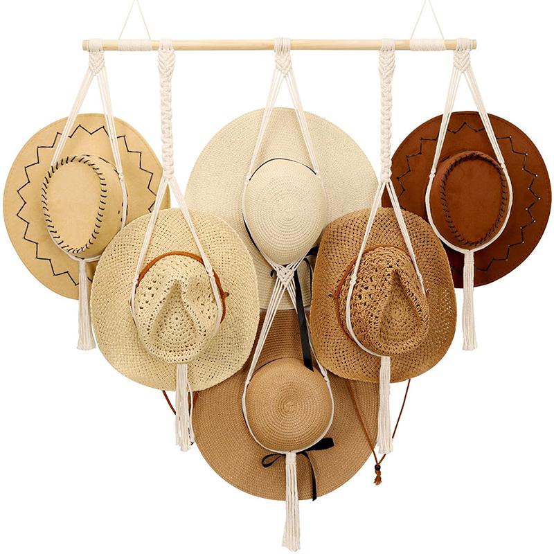 Nordic Boho Cotton Rope Hanging Hat Organizer Display Rack Cap Holder Scarf Hanger Macrame Home Wall Decor