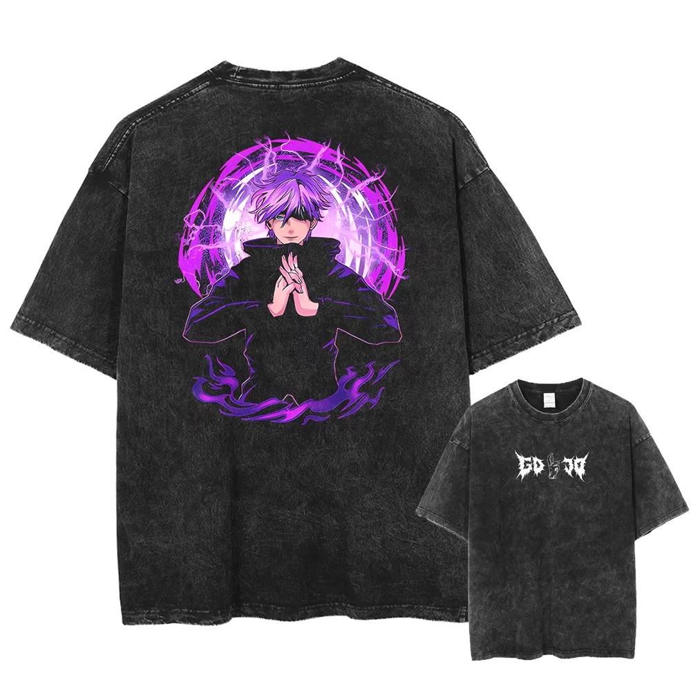 Japan Anime Jujutsu Kaisen Gojo Satoru Print Washed Tshirt Men Pure Cotton Tshirts Manga Casual T Shirt Harajuku Top Streetwear