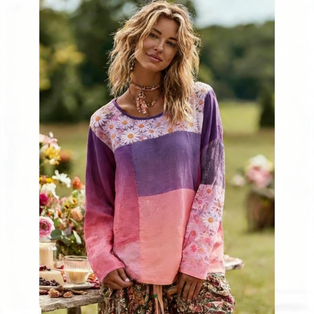 

Spring Europe America Women s T-shirt Fashion Floral Print Pullover Bohe Style Women Long Sleeve T-shirt Outdoor Casual Tees Top S