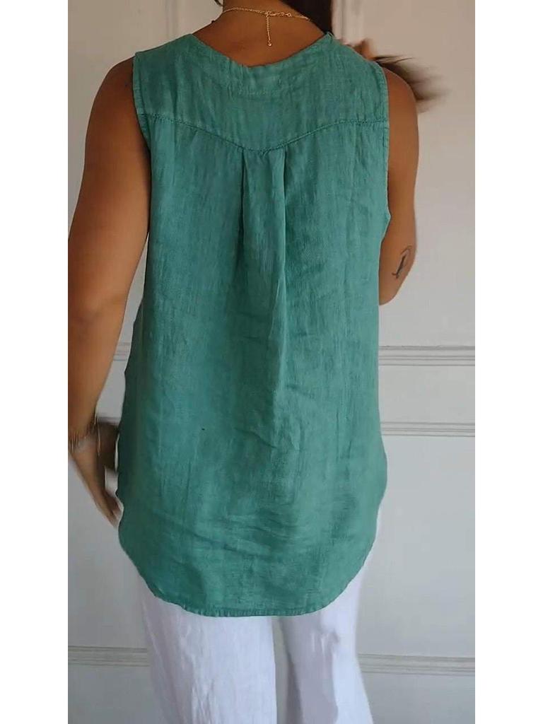 2026 New Women's Cotton Linen Sleeveless Casual Top with Faux Cardigan Collar