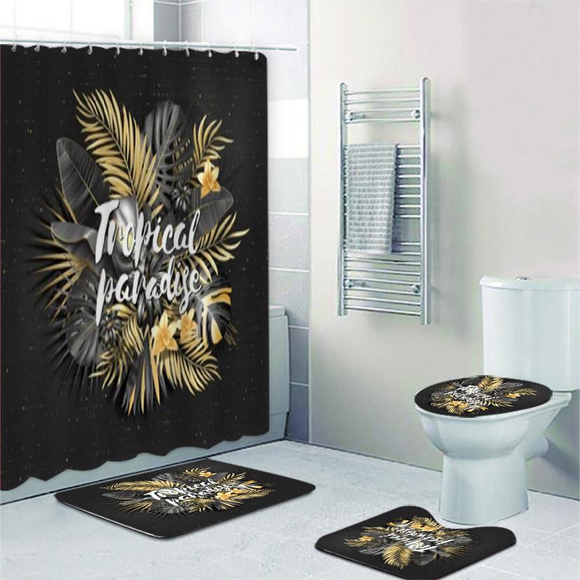 Black And Gold Tropical Plant Palm Leaf Bathroom Shower Curtain Set For Bathtub Exotic Leaves Bath Mats Rugs Toilet Home Decor