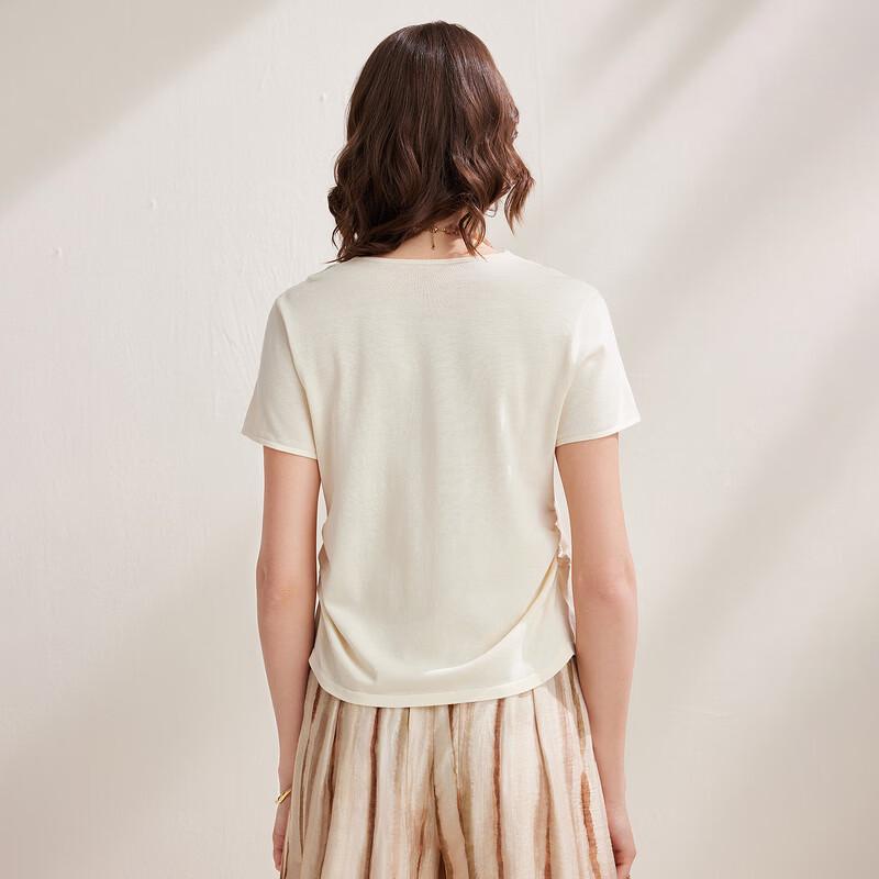Zhaojun Women's Silk Blend Lace V-Neck Slim Fit Short Sleeve T-Shirt