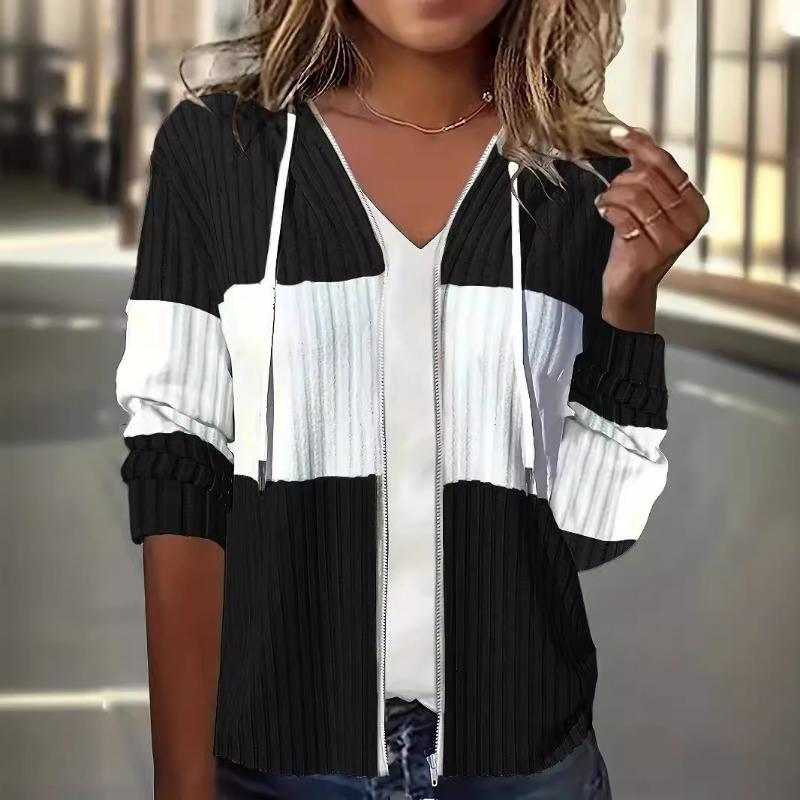 Autumn Zipped Patchwork Color Women's Hoodies Drawstring Long Sleeve Ladies Striped Knitwear Woman Fashion Loose Fit Sweatshirts