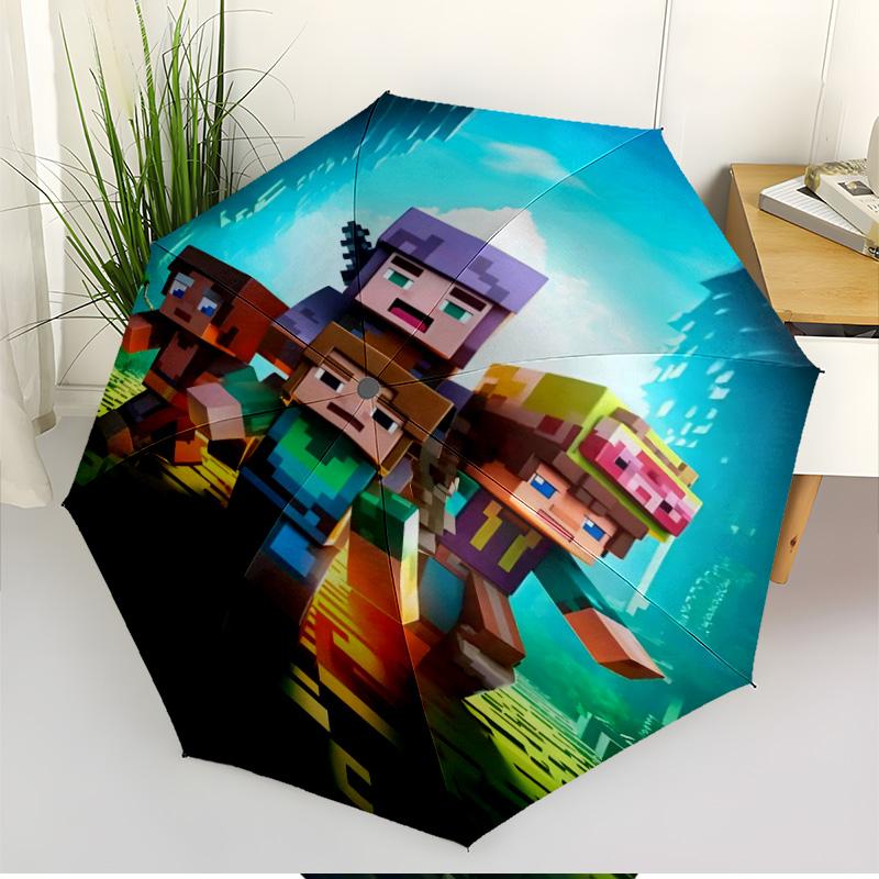 Sandbox Game Print Automatic Open Close Umbrella, Portable Foldable Umbrella, for Outdoor Commute Camping Trip, Ideal Birthday Gift