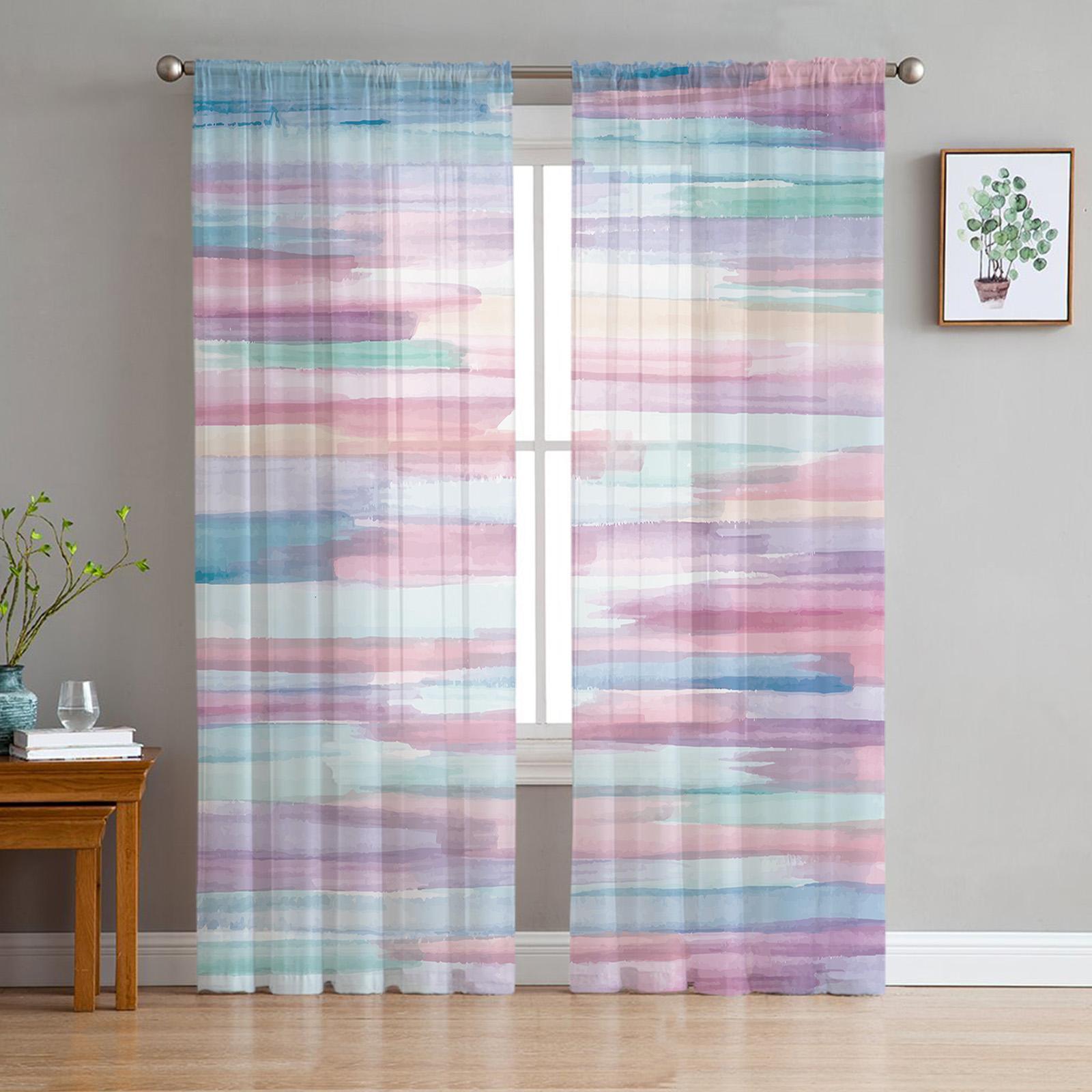 

Rainbow Stripes Curtains Living Room Transparent Tulle Window Bedroom Accessories Decor Modern Sheer Made Of Polyester Area Treatment W100*H130(CM)-Hooks&2PCS