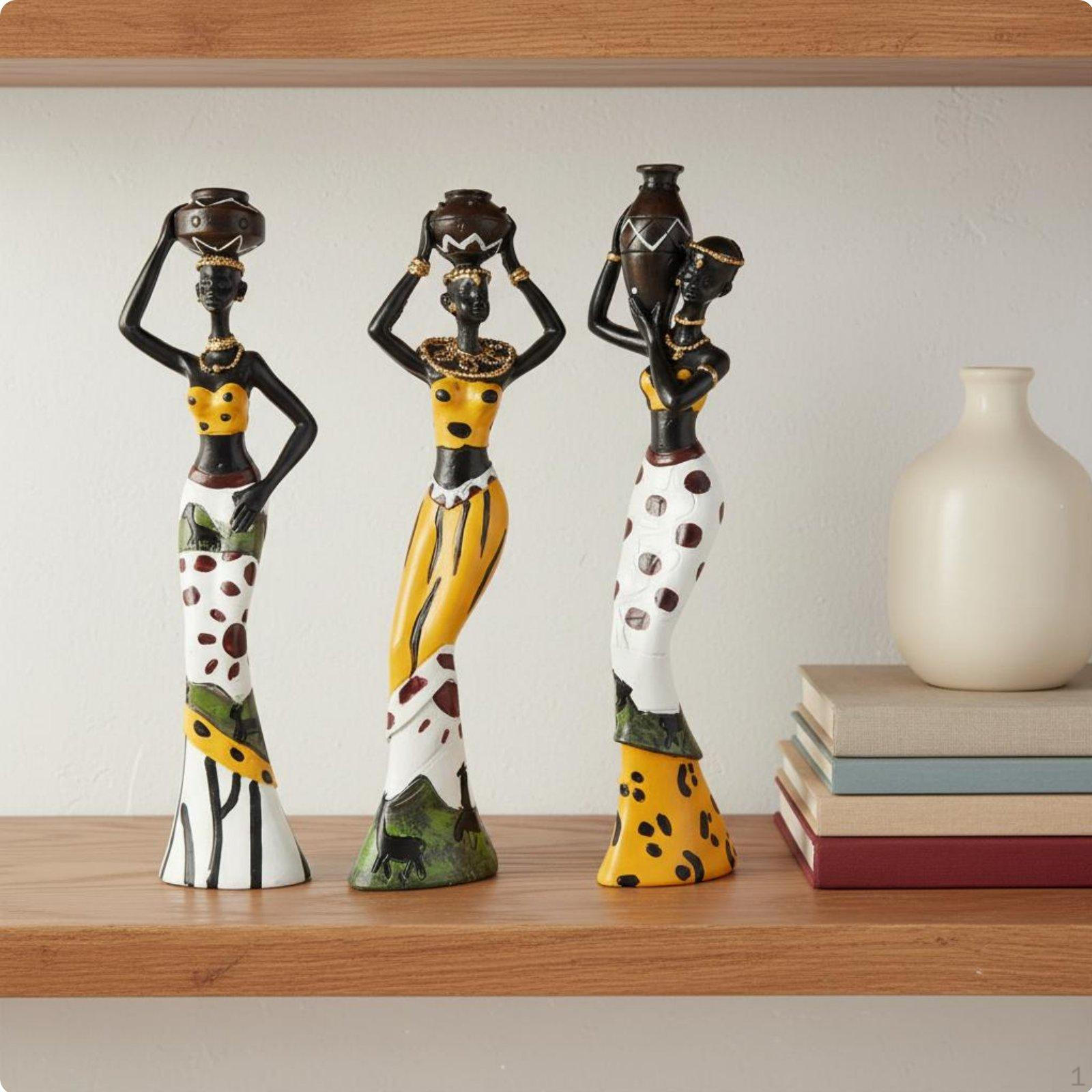 3 Pieces African Woman Statue Set Decorative Piece Hand Painted Resin Doll Collectible Tribal