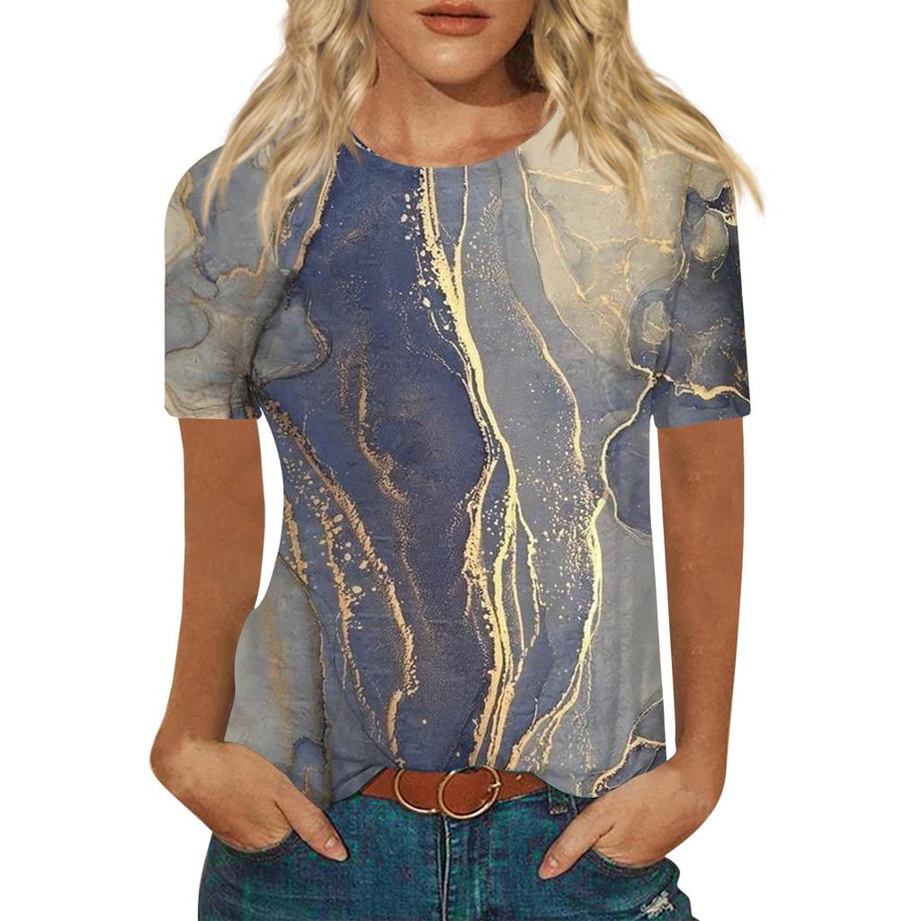 Women's Fashion Casual Printed Round Neck Short Sleeve Top Blouse