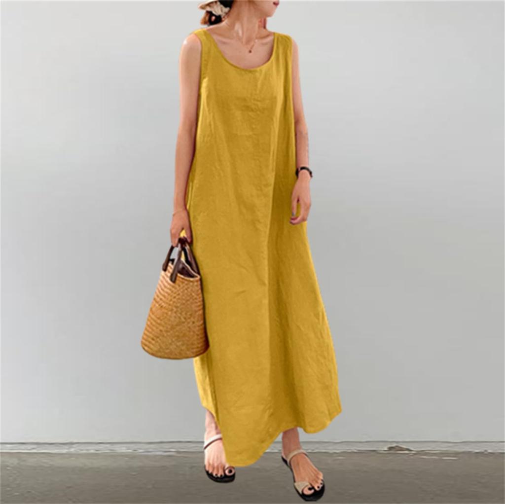 Summer Sleeveless Beautiful Long Maxi Mori Girl Loose Plus Simple Yellow [kisetsumate] Women's Cotton-Linen Dress, Dress, Linen-Style, Style, Fit,