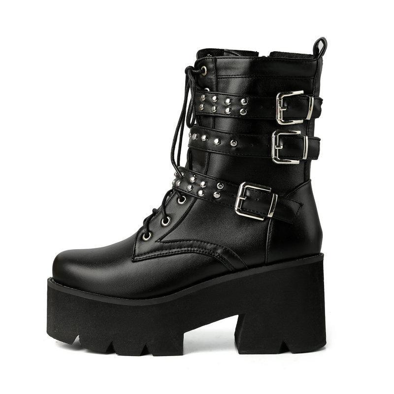 Martin boots women's autumn and winter new black square head leather boots thick heel high heel versatile thick sole belt buckle locomotive short