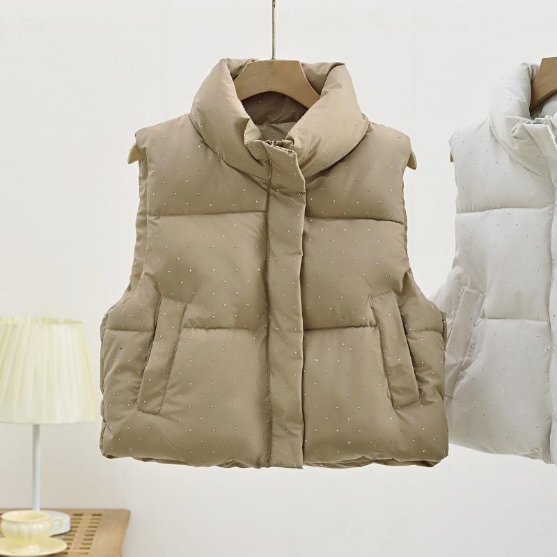 Women S Stand Collar Sleeveless Short Vest Solid Color Casual