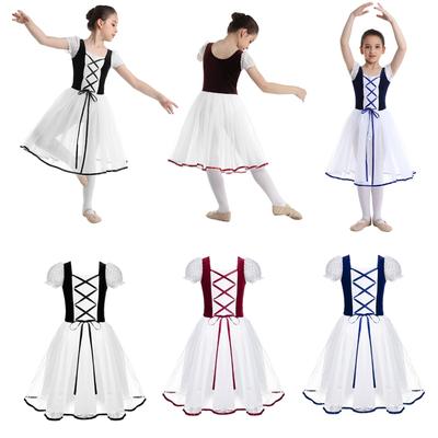 Toddler Girls Short Sleeves Gymnastics Ballet Leotard Skater Competition Mesh Dance Dress Costume