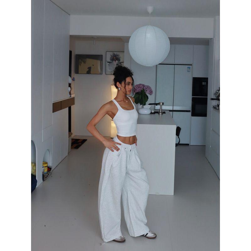 

Lazy American All-Matching Casual Pants Summer Men and Women Wide Leg Loose Draping Mopping Pants Gray white conventional L