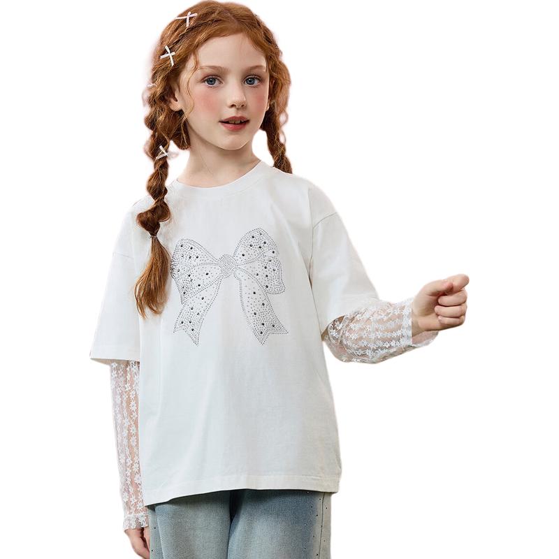 ASK JUNIOR Girls  Faux Two-Piece Bow Lace Long Sleeve T-Shirt 130cm