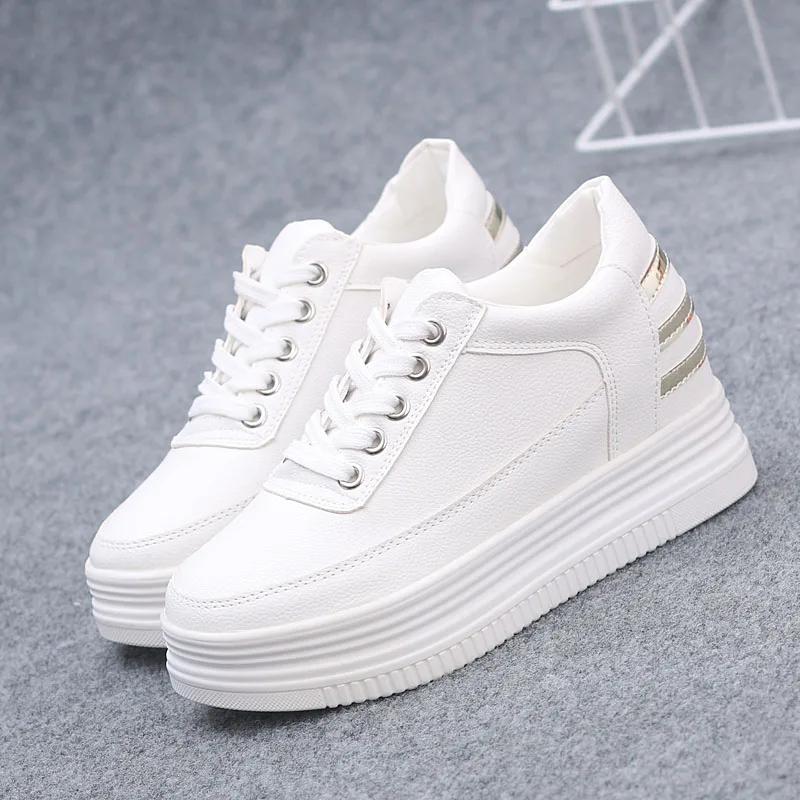 Fashion 8CM Genuine Leather Women Sneakers Autumn  Vulcanized Shoes Fashion Ladies Sports Casual Little White Shoe Cowhide