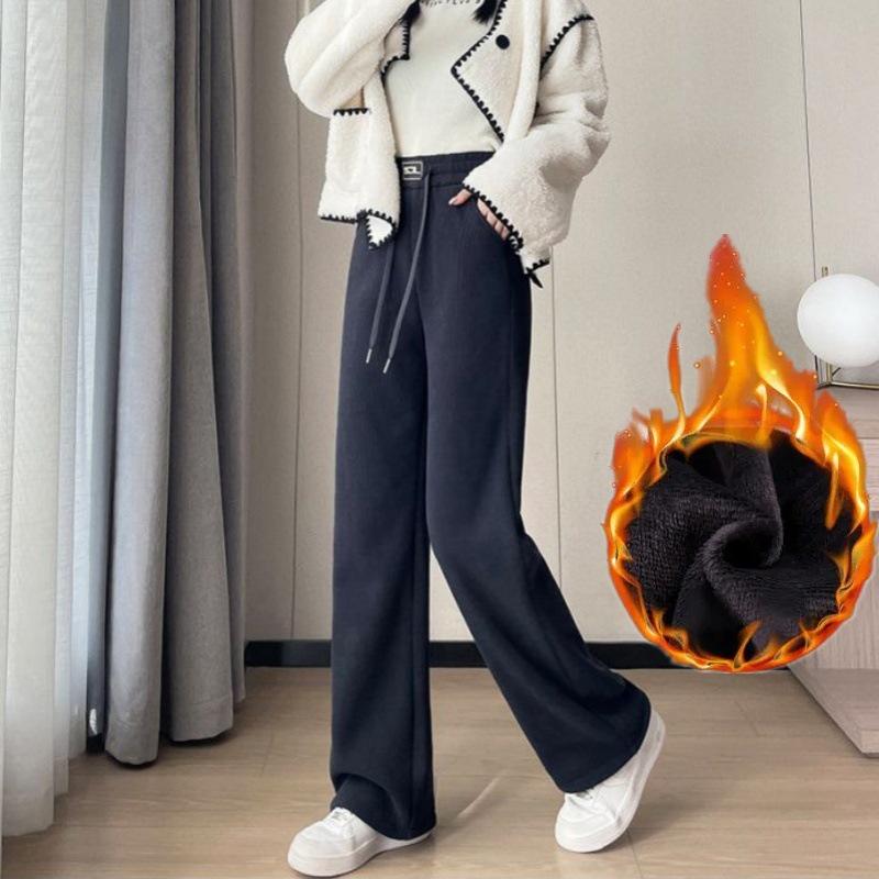 Extra-thick Fleece-lined Wide-leg Trousers for Women Autumn and Winter Casual Loose-fit Straight-leg Trousers for Height Enhancement