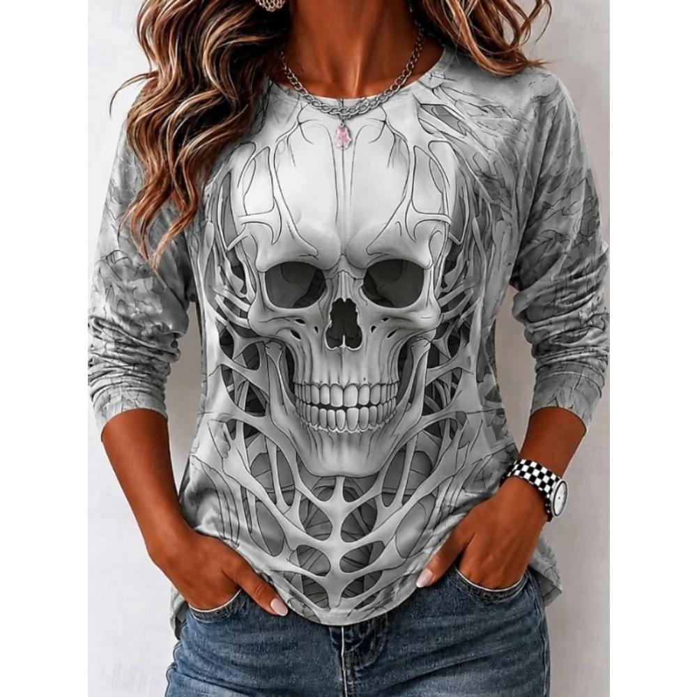 Tops for Women Halloween Print Round Neck Long Sleeve T-shirt Fall Casual Slim Pullover Women's Long Sleeve Top