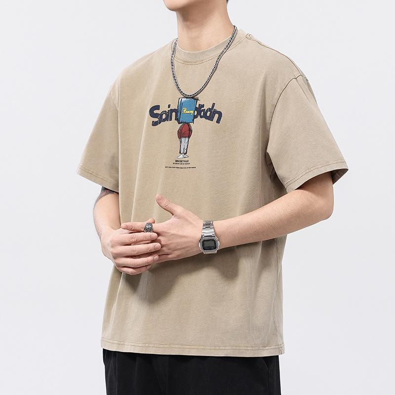 

230 г Футболка с коротким рукавом и мультяшным принтом букв, мужская футболка с круглым вырезом, короткий рукав 4XL