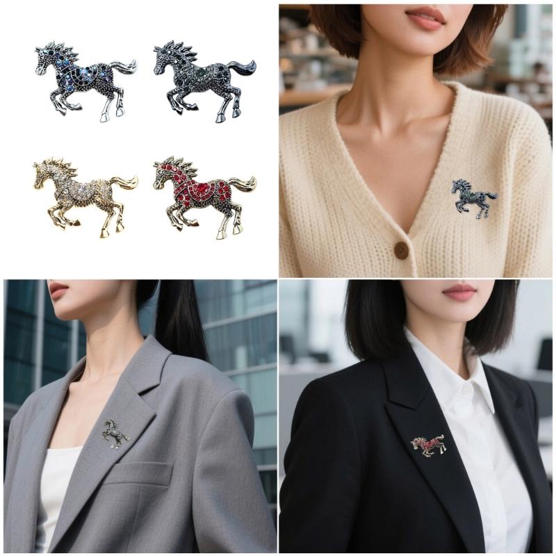 Enamel Horse Shape Brooch with Sparkling Rhinestones Details Versatile Zinc Alloy Pin Jewelry for Gift Giving