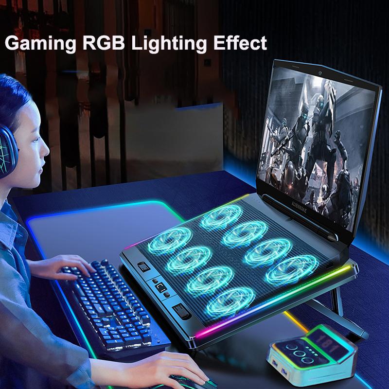 Cooler para laptop COOLCOLD Gaming com oito ventoinhas, tela LED, duas portas USB, ventilador para laptop refrigerado a ar, suporte silencioso para notebook, tamanho normal