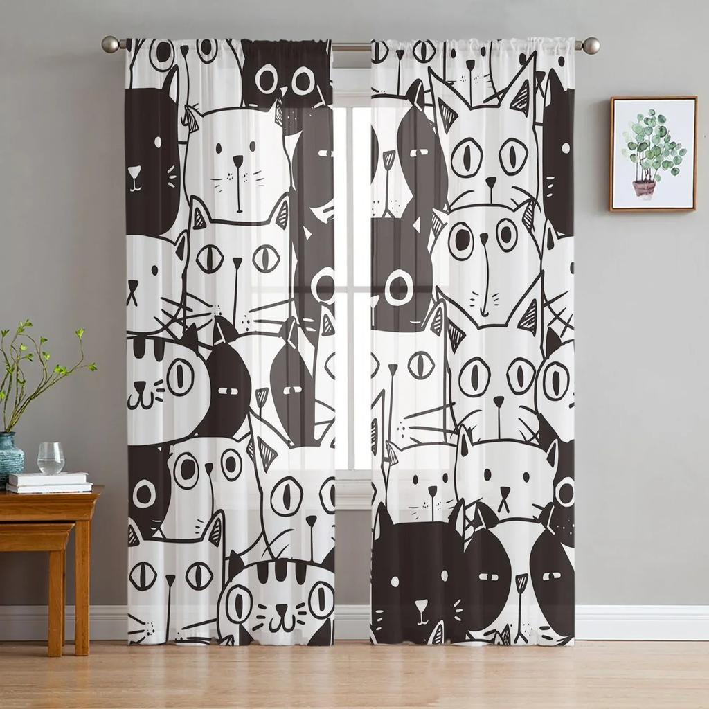 Cartoon Animal Color Cat Window Drapes Living Room Yarn Sheer Curtain Bedroom Kitchen Home Decor Drape