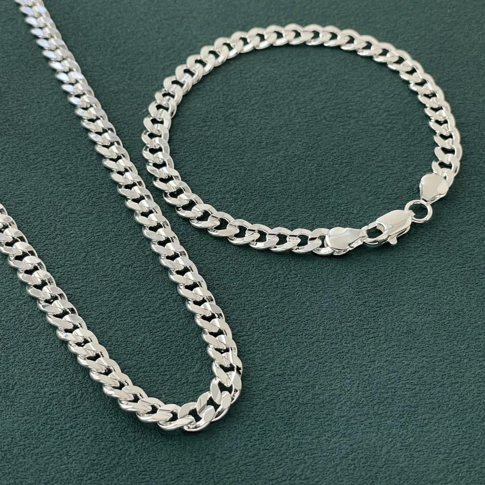 Jewelry Plated 925 Silver 7MM Side Concave Necklace Bracelet Set 2026 20CM+50CM