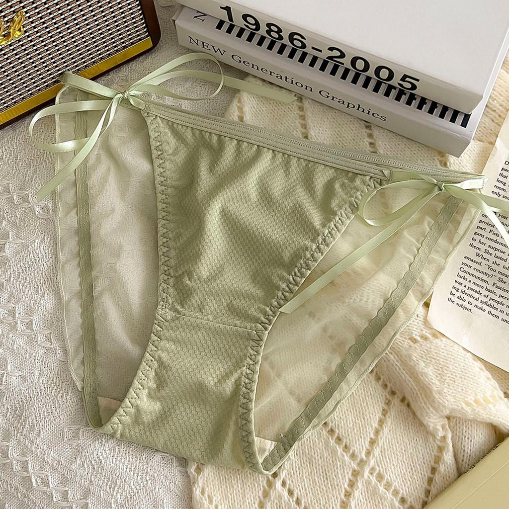 Ladies Summer Sweet Sexy Lace Mesh Binding Bow Antibacterial Crotch No Mark High Cross Triangle Briefs