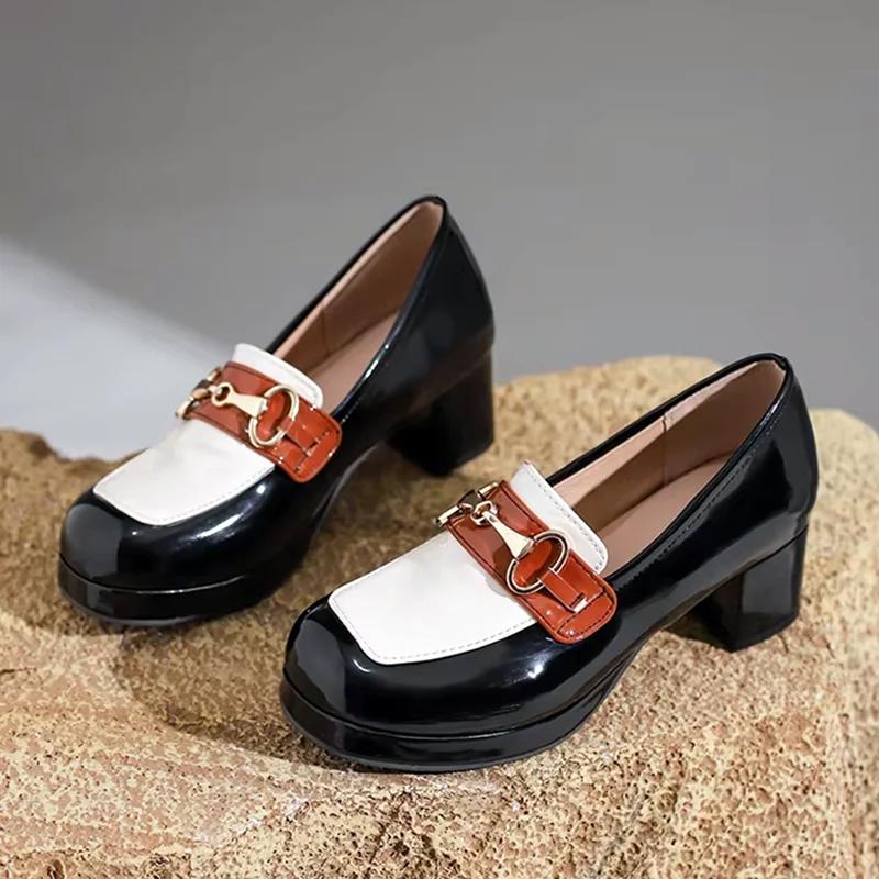 Fashion Luxury Designer Leather Women Pumps Chunky Platform Mules Shoes for Women Cute Lolita Style Tide Golden Buckle Mary Jane Shoes